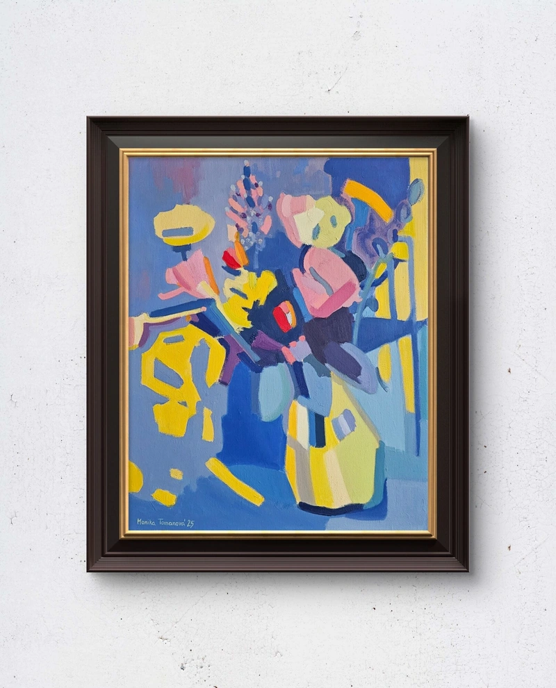 Modré květy – žluté stíny - malba - Monika Tomanova